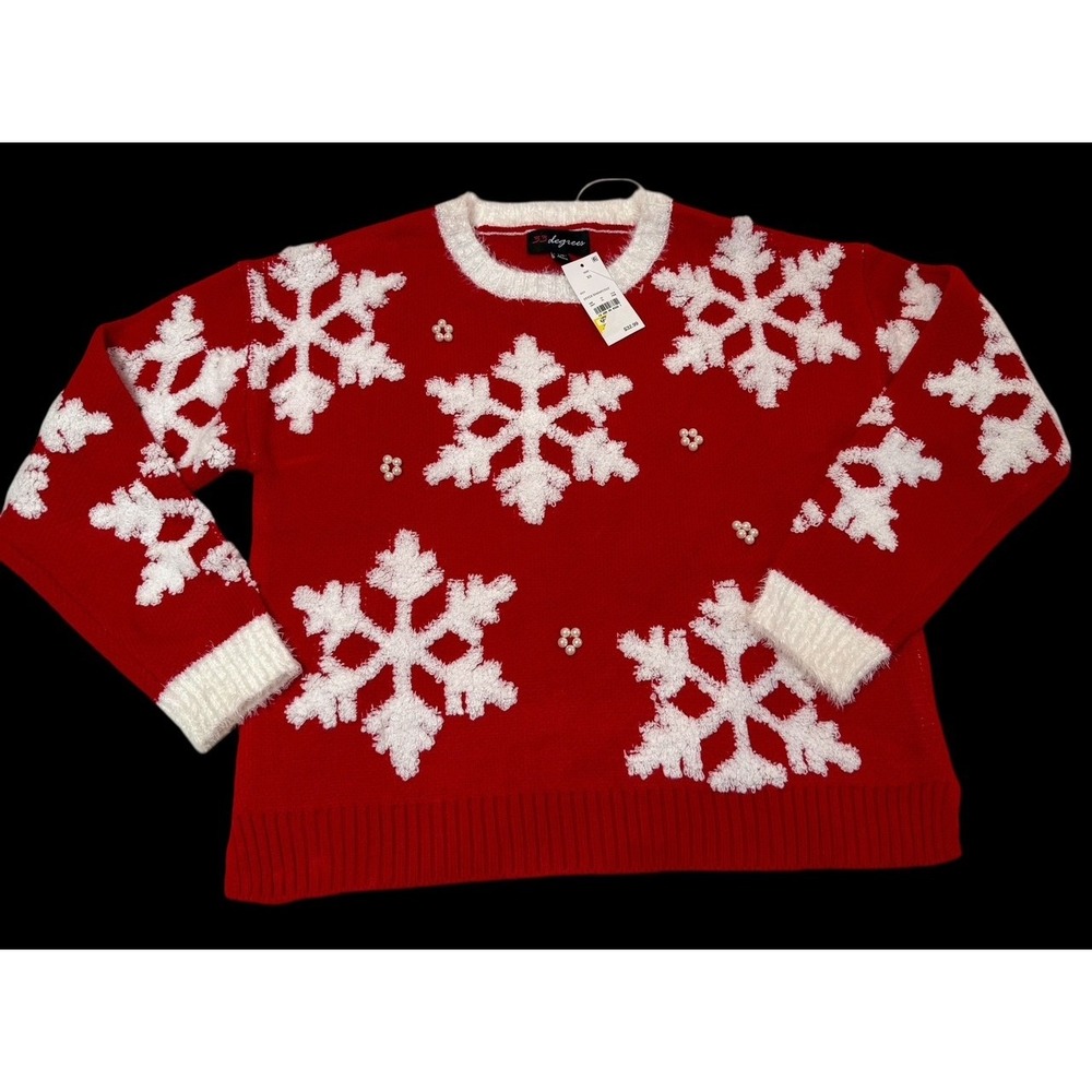 NWT Women's 33 Degrees Red Knit Christmas Sweater White Snowflakes Size‎ XS